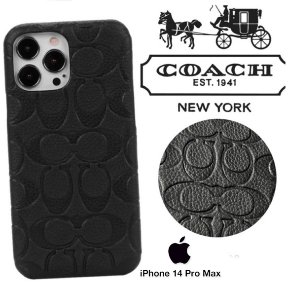 COACH Black Italian Leather Embossed Logo iPhone 13 14 PRO MAX Slim Wrap Case